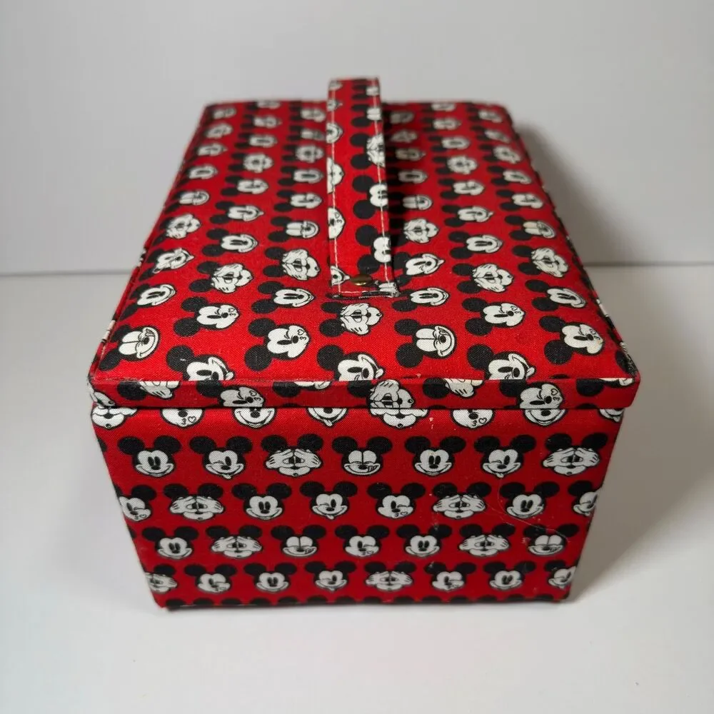 Disney Mickey Mouse Fabric Sewing Basket Box Organizer Handle Red Black Storage